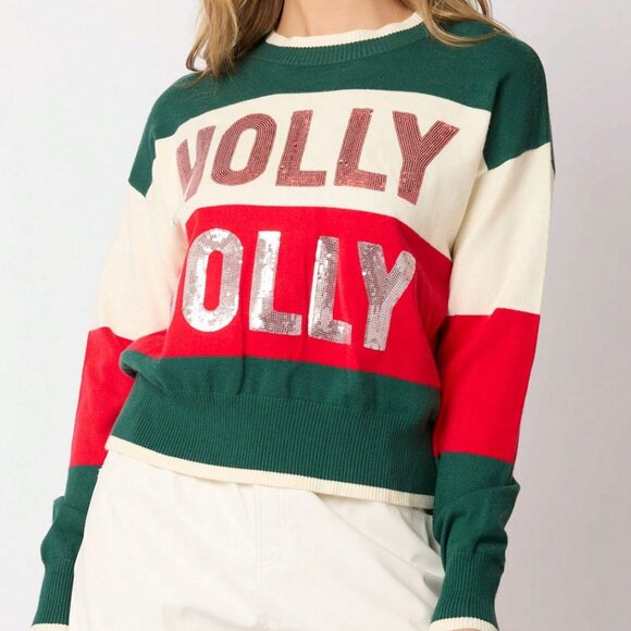 Green Casual Women's Christmas Knit Sweater Long Sleeve Crewneck with Sequins - Picture 2 of 5